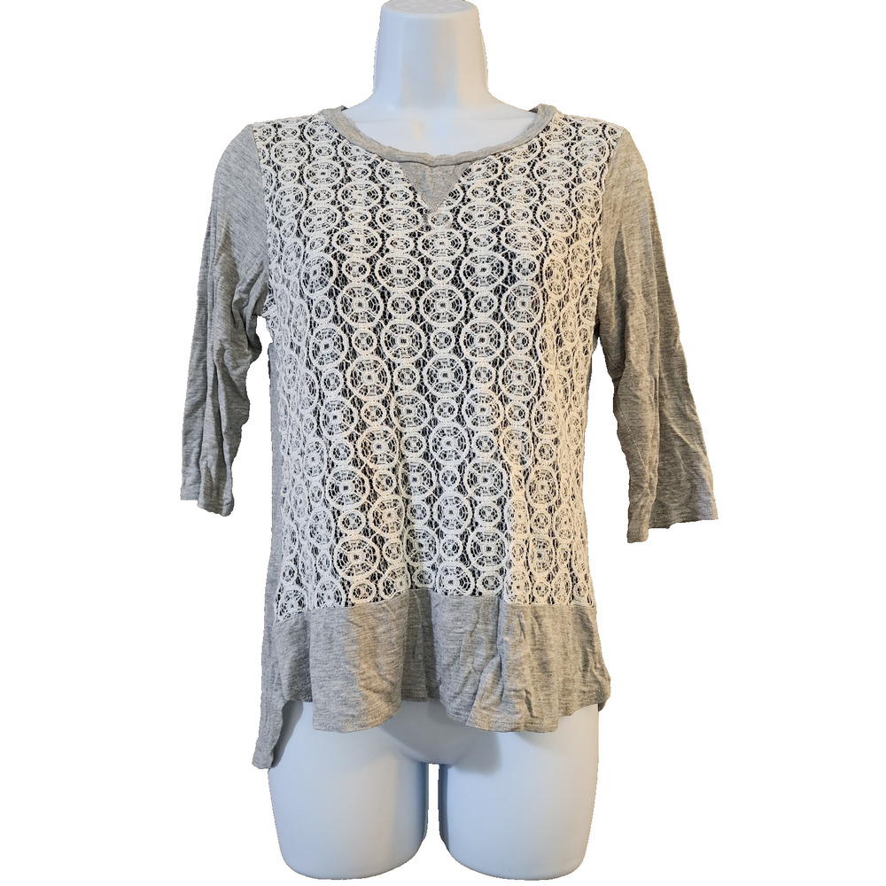 Cha Cha Vente Womens Tee Size S Gray 3/4 Sleeve Lace Front Stretch Top